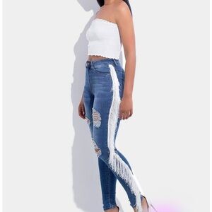 Aphrodite Blue Skinny Jeans with Fringe Accents